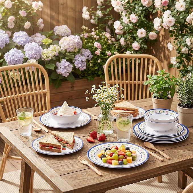12-Piece Melamine Dinnerware Set - Unbreakable Dish Set， Indoor and Outdoor Plates and Bowls Sets for Perfect for Picnics, Camping, RV, and Beach Parties， Service for 4（Strawberry）