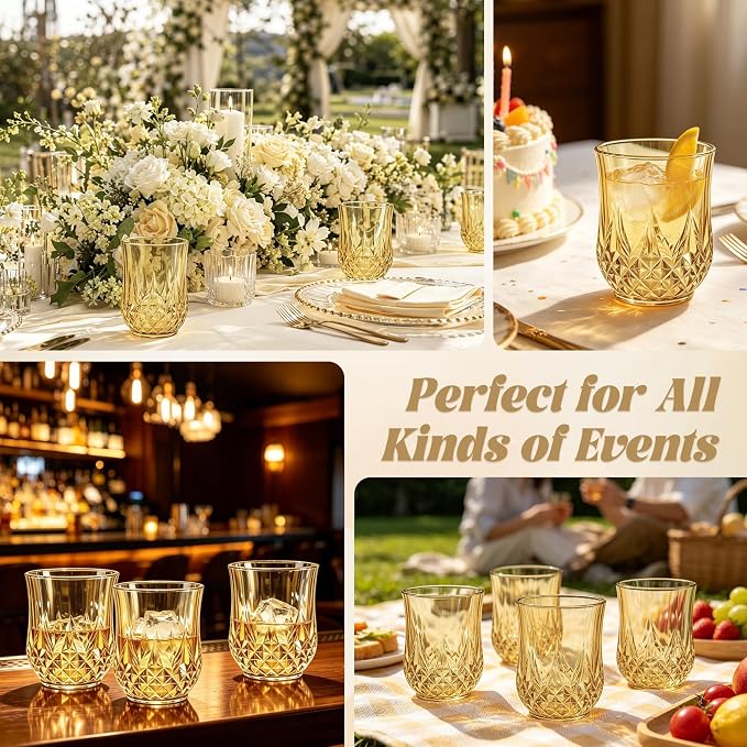 40 Pack Plastic Stemless Wine Glasses,12oz Unbreakable Vintage Elegant Drinking Glass Set,Reusable Fancy Cocktail Cups for Party, Wedding, and Bulk Events (40, 12oz-Gold)