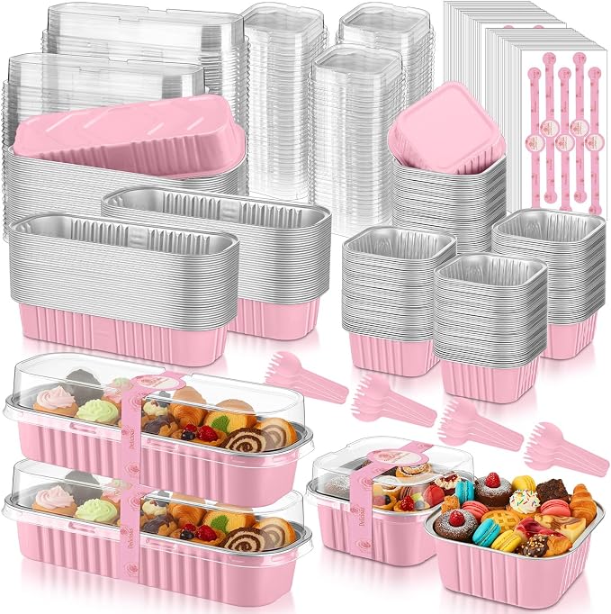 LemonRoad 240 Sets Mini Loaf Pan with Lids and Spoons 6.8oz Rectangular Aluminum Foil Bread Pan 5oz Square Cake Cup with Decal Disposable Baking Supply for Graduate Wedding Birthday (Pink)