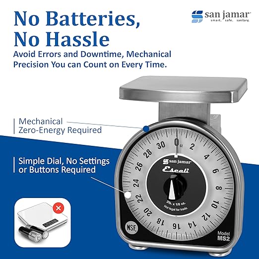 San Jamar Ms Series Mechanical Dial Scale Manual Food Scale with 2 Pound Capacity for Kitchens, Restaurants, And Cooking, Metal, 32 Ounces, Silver