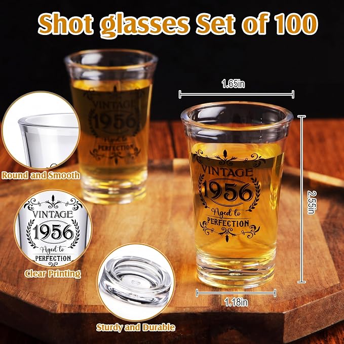 LemonRoad 100 Set 70th Birthday Party Favor for Guest Bulk, 1.4oz Plastic Shot Glasses Cup, Cheers to 40/50/60/70/80 Years Beer Bottle Opener Keychain Thank You Card Gift Bag for Souvenir Party Gift
