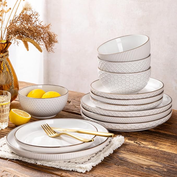 GBHOME Dinnerware Sets for 4, Farmhouse Style Stoneware Plates and Bowls Sets, 12 Pieces Embossed Scratch Resistant Dishes, Dishwasher & Microwave Safe, Off-White