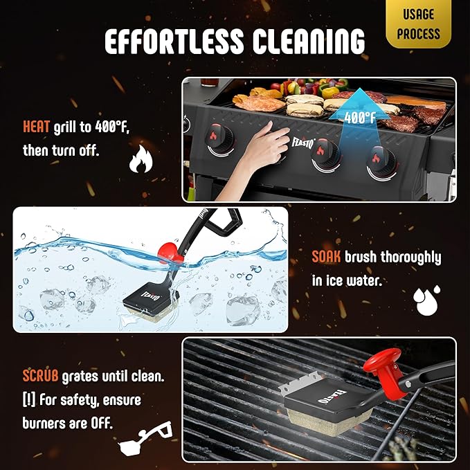 Feasto Grill Brush with Steam and 2 Replacement Brush Heads, 6-in-1 Bristle-Free with Interwoven-Tech & Thermal-Sensitive Sponge, Stainless Steel Scraper, 360° Rotating Knob, Bottle Opener