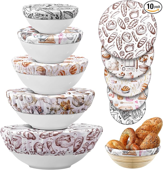 Patelai 10 Pcs Bowl Covers Reusable in 5 Size Stretch Cloth Fabric Elastic Food Storage Bowl Covers Bread Sourdough Lids for Proofing Food Fruits Leftover(Brown,Kitchen Style)