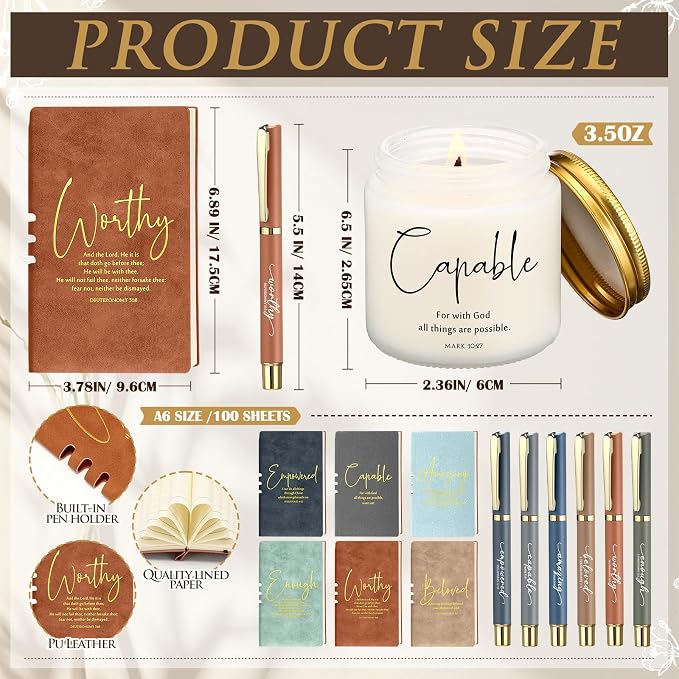 FillTouch 6 Set Christian Gifts for Women Men 15 oz Ceramic Bible Verses Coffee Mug A6 Leather Journal with Pen and Scented Candle Religious Gift for Pastor Church Sunday School(Vivid Color)