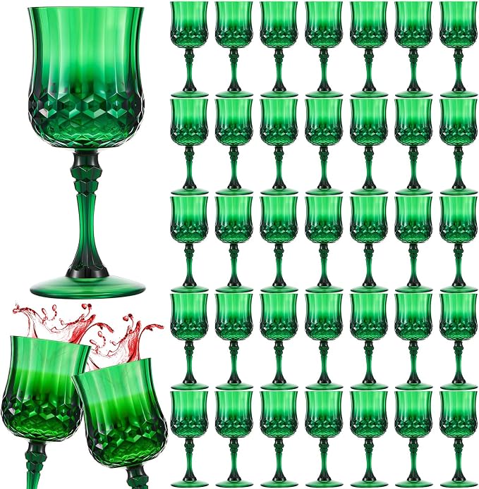Pinkunn 50 Pcs 7 oz Plastic Vintage Wine Glasses Reusable Colored Goblets Patterned Drinking Water Glasses Cup Dishwasher Safe for Mother's Day Wedding Reception Party Supplies (Green)