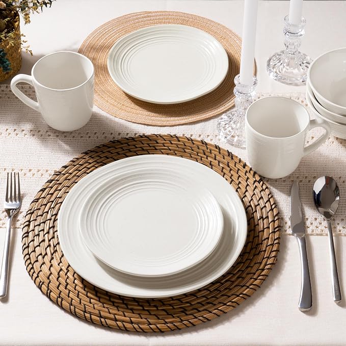 Famiware Plates and Bowls Sets 18-Piece Stoneware Dinnerware Sets, Dishes Set for 6, Hand-made Reactive Glaze Dish Set, Twilight Series, White