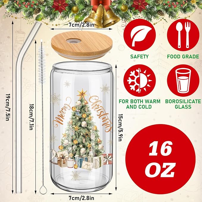 Teenyyou 12 Set of Christmas Glasses with Bamboo Lid and Glass Straw 16 oz Christmas Drinking Cup Beer Iced Coffee Cup Xmas Tumbler Mugs for Women Men Holiday Party Office Gifts