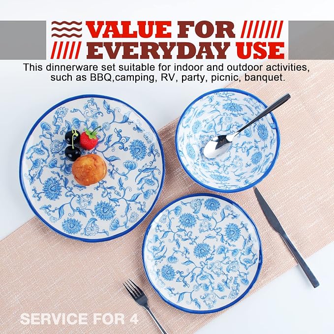 Melamine Dinnerware Set for 4-16 Pcs:Camping Dishes Set with Dinner Plates,Salad Plates,Cups and Bowls.Lightweight and Unbreakable.Indoor and Outdoor Use.