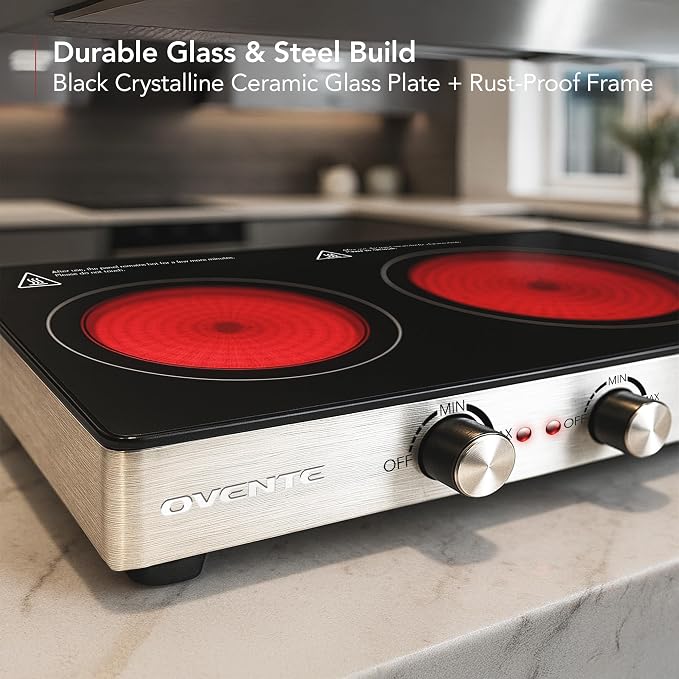 OVENTE Infrared Ceramic Double Burner, 1800W Electric Countertop Hot Plate with Black Crystalline Glass, Portable Stainless Steel Cooktop for Home, Office, or Dorm Use, Black BGI302GB