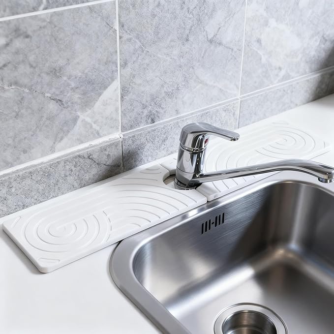 Hopegiver Stone Faucet Mat for Kitchen Sink - Fast Drying Diatomite Sink Protector Prevent Moisture, Super Water Absorbing Stone Tray for Kitchen & Bathroom Counter (White Line, 23.6"x5.1")