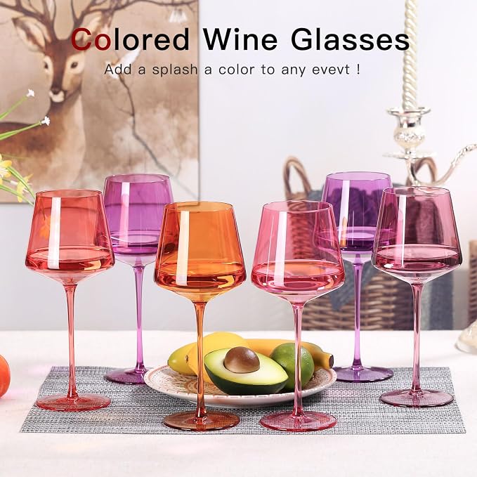 Colored Wine Glasses Set of 6 – 18oz Hand-Blown Crystal Stemmed Wine Glasses, Vibrant Sunset Square stemware for Red & White Wine, Unique Gift for Wedding,Birthday
