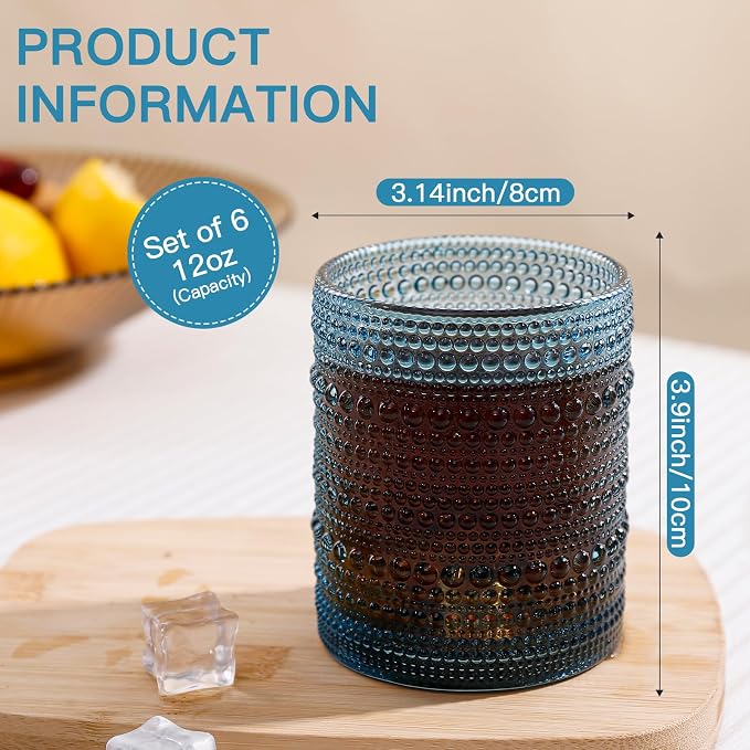 JOVGANK Blue Vintage Hobnail Drinking Glasses Set of 6, Embossed Water Tumbler 12oz, Kitchen & Bar Beaded Glass Cups, Beverage Glass Cups for Water, Beer, Juice, Housewarming Gifts for Party