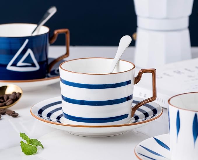Jusalpha Japanese style hand printed- 7oz Fine China Tea Cup/Coffee Cup With Spoon and Tray/Saucer Set, Tableware, Serve of 4, TCS25