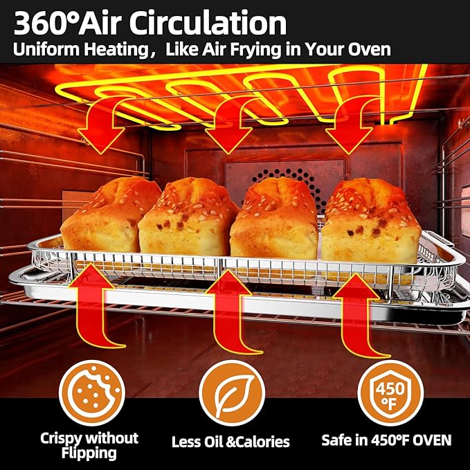 Air Fryer Basket, 2 Set Air Fryer Pans and Tray for Oven with 60 PCS Parchment Papers, DEGOVIN Non-stick Stainless Steel Oven Air Fryer Basket and Tray-18.8" x 12.8"Extra Large &14.88"×10.98"Large