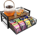 Tea Bag Organizer, Tea Bag Holder Organizer with 8-Compartment Adjustable Drawer, Wood & Metal Tea Box Organizer Chest for Countertop Kitchen, Office