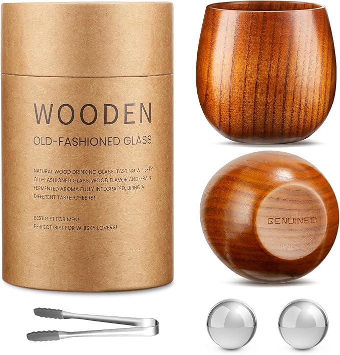 GENUINED The Original Wooden Whiskey Glasses Set of 2 | 8oz Old Fashioned Wooden Bourbon Drinking Glass | Gifts for Men