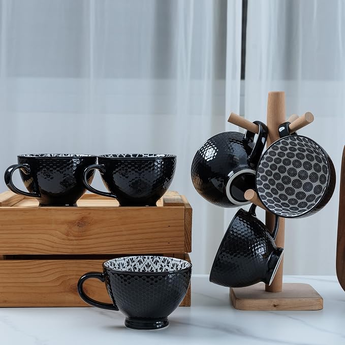 LEHAHA Coffee Mugs Set of 6, 14 Ounces footed Ceramic Mugs, Porcelain Black Coffee cups with handle for men women for Coffee, Tea, Cappuccino, Cocoa, Cereal, Black