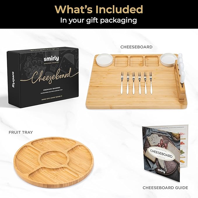 SMIRLY Charcuterie Board Set: Bamboo Rectangular Rustic Brown Cheese Board with Charcuterie Accessories & Round Fruit Tray - Perfect for Entertaining, Gifting, and Serving