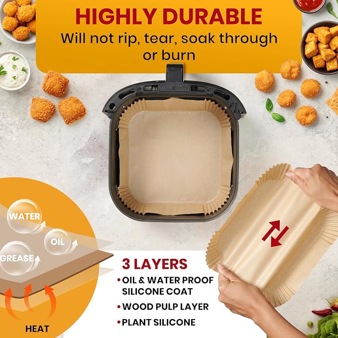 600Pcs Air Fryer Liners Disposable, Non-Stick and Oil Proof for Easy Cleanup Airfryer Liners, 8” Square for 5-8 qt Basket by Baker's Signature