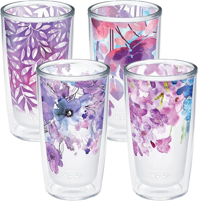 Tervis Made in USA Double Walled Watercolor Floral Purple - Crystal Insulated Tumbler Cup Keeps Drinks Cold & Hot, 16oz - 4pk, Assorted