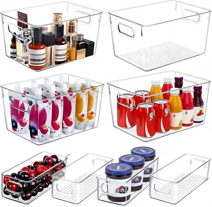 SKTEET Set of 8 Clear Plastic Storage Bins, 4 Large and 4 Small Stackable Storage Containers for Pantry Organization and Kitchen Storage Bins,Home Edit and Cabinet Organizers