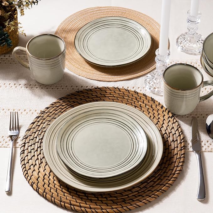 Famiware Twilight Plates and Bowls Sets 12-Piece Stoneware Dinnerware Sets, Dishes Set for 4, Hand-made Reactive Glaze Dish Set, Terre-verte