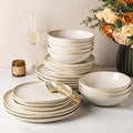 GBHOME Stoneware Dinnerware Sets for 8, 24 Pieces Rustic Earthenware Plates and Bowls Set, Handmade Reactive Glaze Ceramic Plate Sets, Chip Resistant Dishes, Microwave & Dishwasher Safe, Vanilla Cream