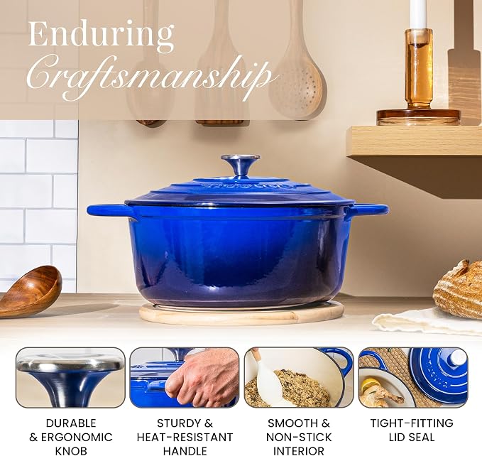 Cast Iron Dutch Oven with Lid - Non-Stick Ovenproof Enamelled Casserole Pot- Sturdy Dutch Oven Cookware - Dark Blue, 3.1-Quart, 22cm - by Nuovva