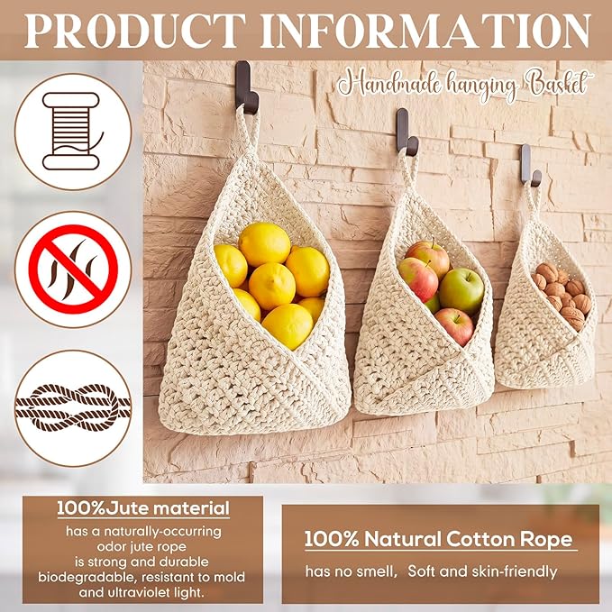 Honeydak Boho Decor Hanging Wall Baskets for Kitchen 3 Pack Teardrop Baskets with Hooks Storage Fruit Onion Vegetable Potato for Home 3 Sizes (White,Triangle,Cotton Rope)