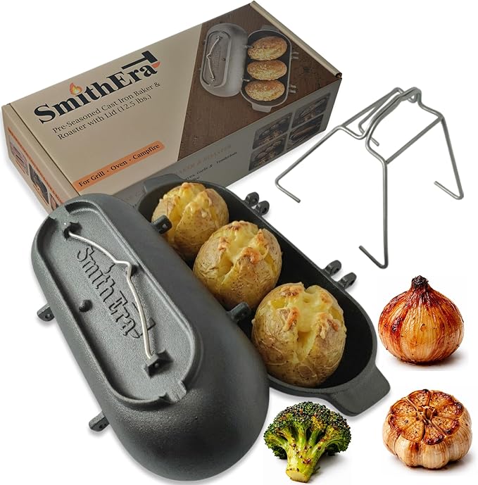 Cast Iron Potato Baker with Lid for Grill, Oven & Campfire | Pre-seasoned raw cast iron, Multi-use sourdough & bread pan, Lid acts as standalone pan, Hanging handles for campfire tripod
