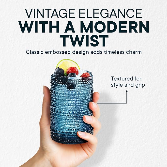 15 OZ Hobnail Drinking Set, Cornflower Blue, 12-Piece | Vintage Embossed Glassware, Textured Tumblers, Includes Straws and Coasters, For Water, Beer, Cocktails, Whiskey