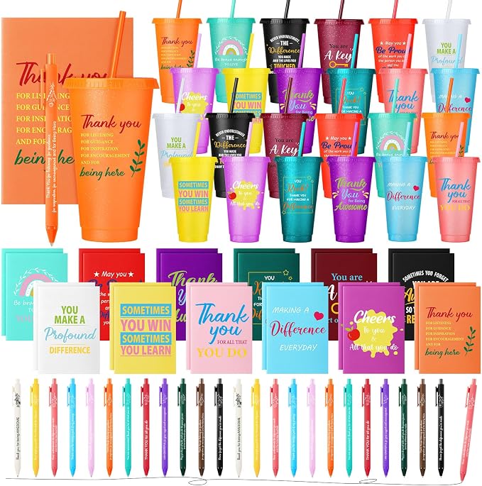 Feifeiya 72 Pcs/ 24 Set Thank You Gifts Bulk 24 oz Employee Staff Appreciation Tumbler with Lids and Straws Motivational Pens Inspirational Notepads Plastic Cup Gift (awesome, Colorful 2)