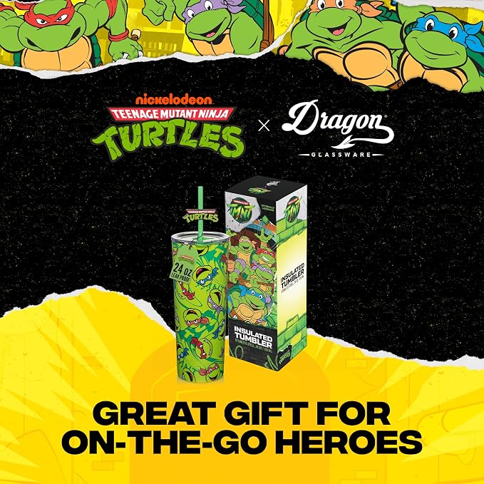 Dragon Glassware x Teenage Mutant Ninja Turtles Insulated Tumbler, 24 oz | Vacuum Insulated Stainless Steel Tumbler with Straw & Lid; Double Walled TMNT Tumbler with Straw Topper; Ninja Turtle Cup