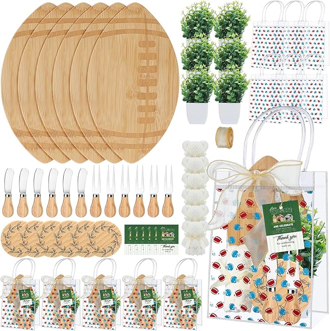 Honeydak 49 Pcs Football Baby Shower Prizes for Game Players 6 Sets Football Shaped Cheese Board Fork Knives Coasters Towel Potted Plant Thanks Card Gift Bag for Baby Bridal Shower Favor
