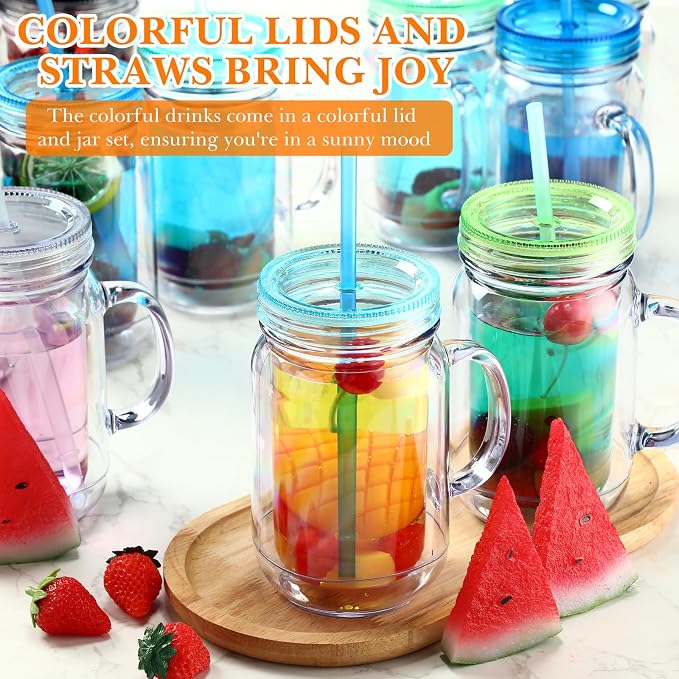 Suclain 10 Pack Plastic Mason Jars with Handles, Lids and Straws Mouth Mason Jar Mugs 20 oz Double Insulated Tumbler with Straw Large Clear Plastic Mug for Adults(Fresh Color)