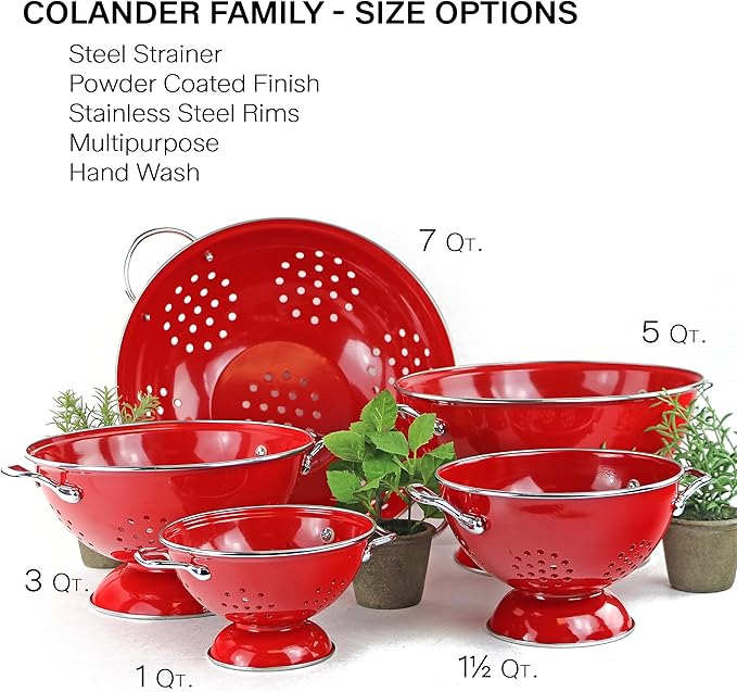Reston Lloyd, 1 Quart Powder Coated Steel Kitchen Strainer Basket for draining Pasta, Vegetable and Fruit, Chrome Handles and Wide Stable Base, Red