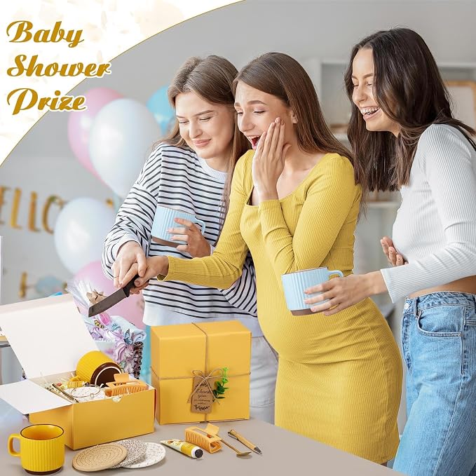 Reallnaive 61 Pcs Baby Shower Prizes for Game Winners Include Ceramic Mug Coaster Hand Cream Pen Spoon Bracelet Hair Clip Card Gift Box with Raffia for Guest Gender Reveal Bridal Shower Party (Yellow)