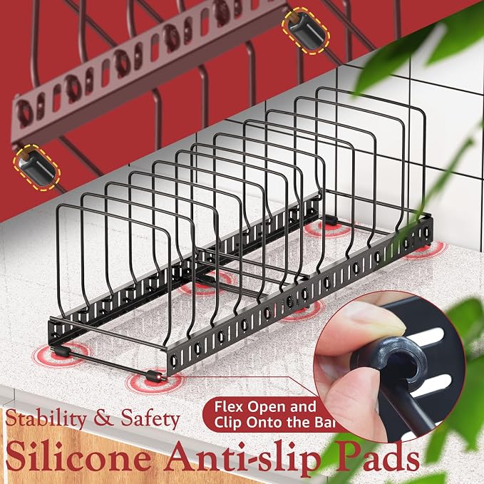 HzTinT Cutting Board Organizer Rack for Cabinet, Expandable 11.3"-22.5" Adjustable Divider Cutting Board Holder and Pot Lid Organizer, Kitchen Cabinet Organizer for Bakeware, Black