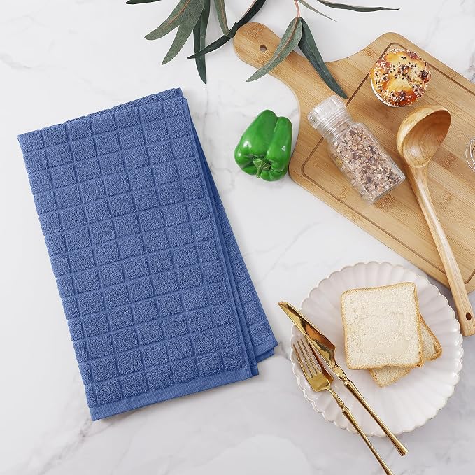 Homaxy Premium Cotton Kitchen Towels 16"x 28", Large Natural Ring Spun 390 GSM Dish Towels, Super Absorbent Terry Kitchen Hand Towels, Soft Tea Towels with Hanging Loop, Pure Navy Blue Design, 4 Pack