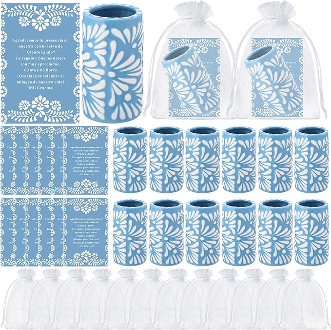 12 Set Cielito Lindo Party Favors Mexican Tequila Shot Glasses Mexican Pottery Gift Mugs for Tequila Lover Favors Birthday Party Supplies (Blue, Handleless)