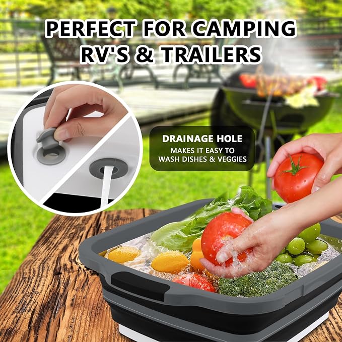 2-Pack XL Collapsible BBQ Prep Tub with Lid (4.22 Gal / 16L) - Built-In Cutting Board & Strainer, Large Meat Marinade Container, Camping Sink & Food Storage Bin for Grilling, Outdoor Cooking - Black