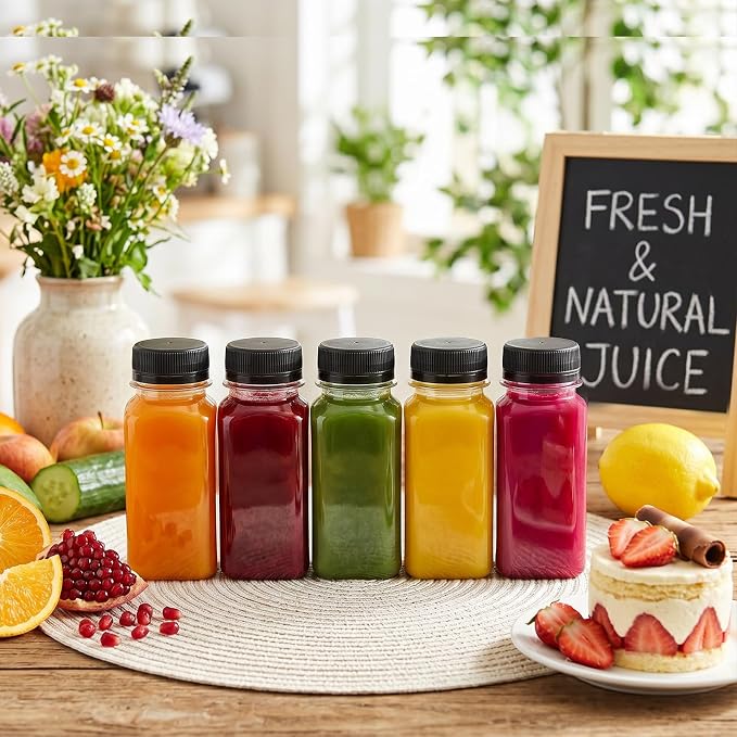 TOMNK 12pcs 2oz Plastic Shot Juice Bottles with Caps, Reusable Clear Bulk Beverage Containers for Ginger Shot, Juice, Milk and Other Beverages