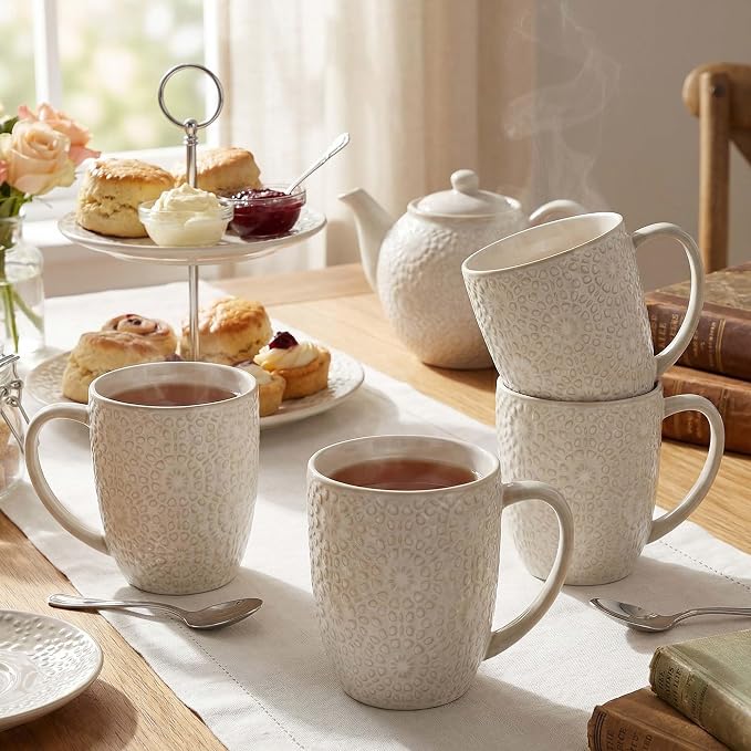 Coffee Mug Set of 4, 16 oz Ceramic Coffee Mugs, Large Embossment Cups, Vintage White Mugs Set for Latte, Cocoa, Hot Tea, Mocha, Housewarming Wedding Gifts, Dishwasher Safe, 3.5 x 4.5 inch