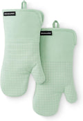 KITCHENAID Gourmet Series Gridlines Oven Mitts 2-Pack Set, Heat Resistant up to 600°F, Soft Silicone Grip, Magnetic Cuff, Pistachio Green, 7"x14"