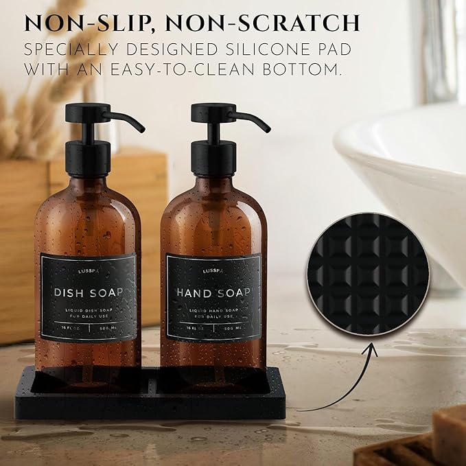 Glass Soap Dispenser Set of 2 (Amber) with Silicone Tray | Hand and Dish Soap Dispenser for Kitchen and Bathroom | 16.8 Oz Glass Bottles with Stainless Steel Pump & 15 Waterproof Labels (Amber/Black)