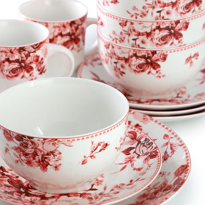 Elama Traditional Rose 16 Piece Porcelain Dinnerwar/Tableware Set, Service for 4 (Red)