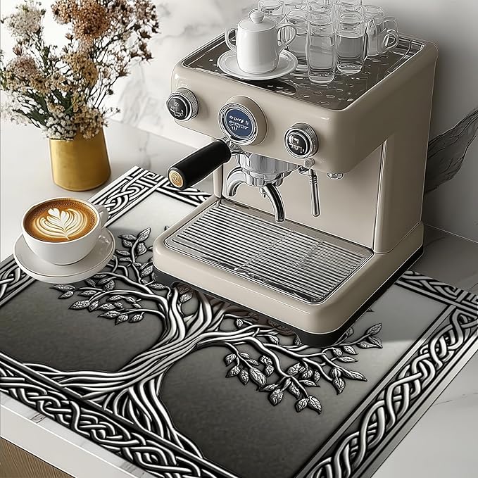 HOMETITUTE Tree Stove Top Covers Pad 28 x 20 inches Silver Tree of Life Kitchen Decorations Dish Drying Mat Coffee Bar Mats Kitchen Decor Absorbent Pad Fit Coffee Maker Machine Dish Drying