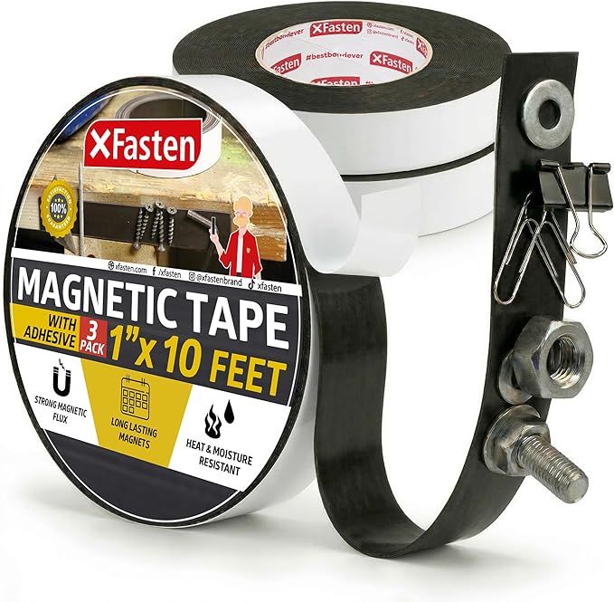 XFasten 1-Inch X 10-Foot, 3-Pack Heavy Duty Magnetic Tape Roll, Sticky Magnetic Strips for DIY Projects, Strips with Adhesive Backing, Strong Magnetic Tape for Whiteboard, Classroom, DIY