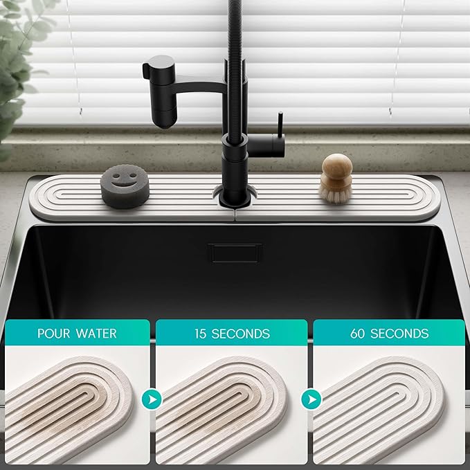 Stone Faucet Mat for Kitchen Sink – Diatomite Fast-Drying Stone Tray, Faucet Mat Sink Splash Guard, Decorative Sink Protector for Kitchen Bathroom Counter (Light Grey, 30''x3.9'')